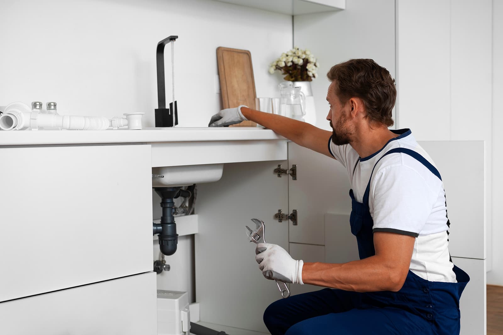Technician repairing kitchen appliances